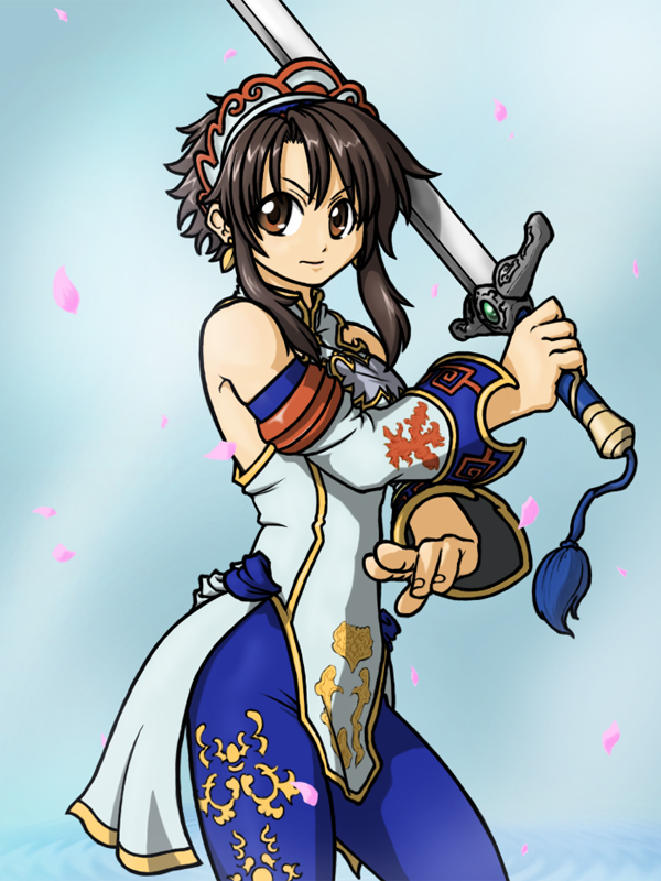 1girl bare_shoulders brown_eyes brown_hair capri_pants chai_xianghua chinese_clothes detached_sleeves earrings fighting_stance headdress jewelry nigtouab payot solo soul_calibur soulcalibur soulcalibur_ii sword tassel weapon