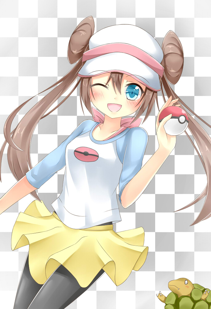 ;d blue_eyes blush brown_hair checkered checkered_background double_bun female_protagonist_(pokemon_bw2) golem_(pokemon) long_hair mei_(pokemon) open_mouth pantyhose poke_ball pokemon pokemon_(game) pokemon_bw2 raglan_sleeves skirt smile solo tam-out_(datam) twintails wink