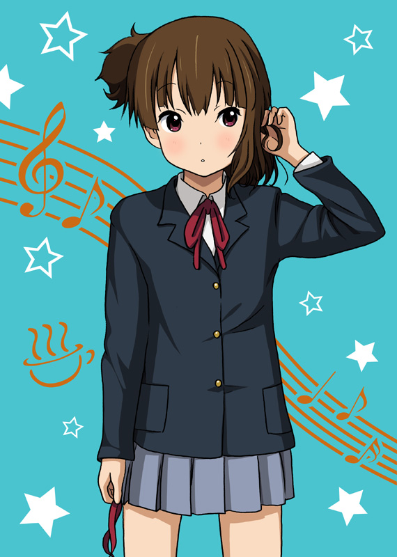 adjusting_hair alternate_hairstyle brown_eyes brown_hair k-on! ryunnu school_uniform short_hair side_ponytail suzuki_jun