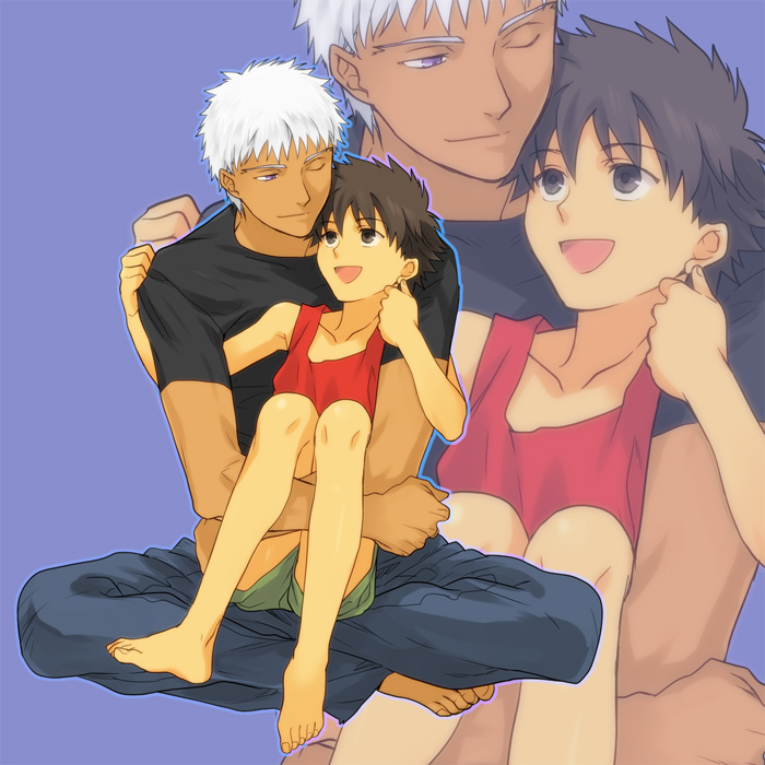 ao_(sodalite) archer barefoot black_eyes black_hair blue_background casual child dark_skin emiya_kiritsugu fate/stay_night fate/zero fate_(series) glowing grey_eyes male multiple_boys purple_eyes shorts simple_background tank_top time_paradox white_hair wink young zoom_layer