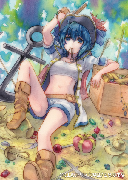 ahoge anchor arm_up arrow blue_eyes blue_hair boots box crown cup gem geroro hat jewelry mouth_hold murasa_minamitsu navel open_clothes sarashi saucer short_hair shorts sitting smile solo spade sword teacup tiara touhou weapon