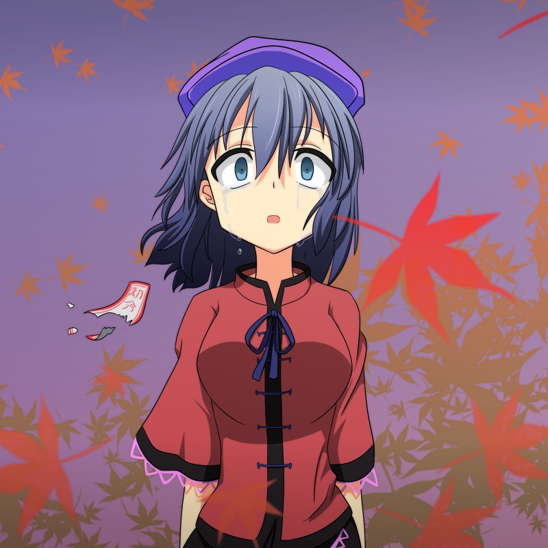 autumn_leaves beret blue_eyes blue_hair cato_(monocatienus) crying crying_with_eyes_open hat jiangshi leaf maple_leaf miyako_yoshika monocatienus ofuda ofuda_removed open_mouth shirt shocked_eyes short_hair solo symposium_of_post-mysticism tears touhou