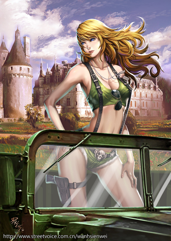 blue_eyes breasts castle cleavage cloud clouds cutoffs dog_tail gun hand_on_hip handgun hips holster jeep lips long_hair motor_vehicle navel original short_shorts shorts sky solo sunglasses sunglasses_removed suspenders tail tank_top thigh_holster vehicle wanhsienwei watermark weapon web_address