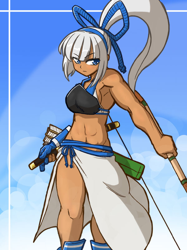 abs archery armpits blue_eyes bow_(weapon) breasts dark_skin hair_ribbon hairband kyuudou long_hair majikina_mina muneate nigtouab ponytail ribbon samurai_spirits sarong short_sword sideboob single_glove snk solo swimsuit sword toned weapon white_hair