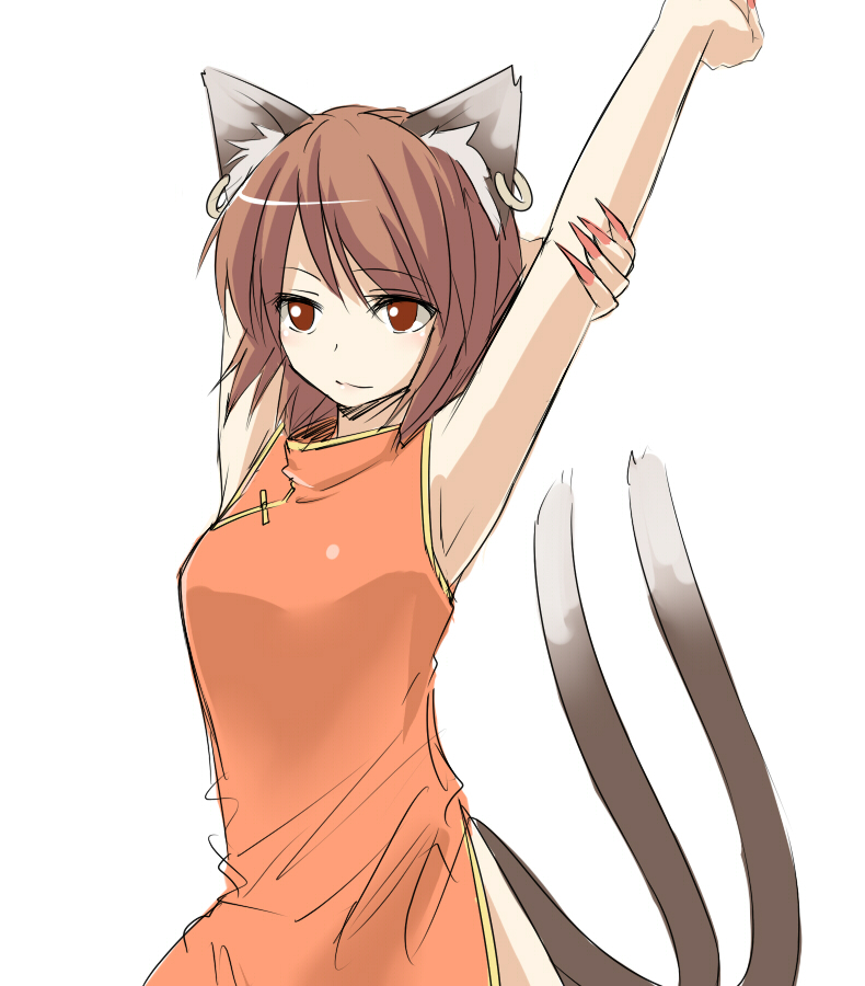 animal_ears arm_up armpits arms_up brown_eyes brown_hair cat_ears cat_tail chen chinese_clothes earrings fingernails jewelry long_fingernails miyo_(ranthath) multiple_tails no_hat no_headwear sharp_teeth solo stretch tail teenage touhou