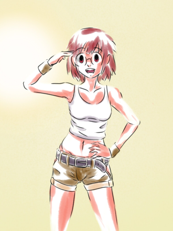 1girl bare_shoulders belt brown_eyes brown_hair drawfag fio_germi glasses hair_down metal_slug midriff navel salute short_hair shorts solo tank_top wristband