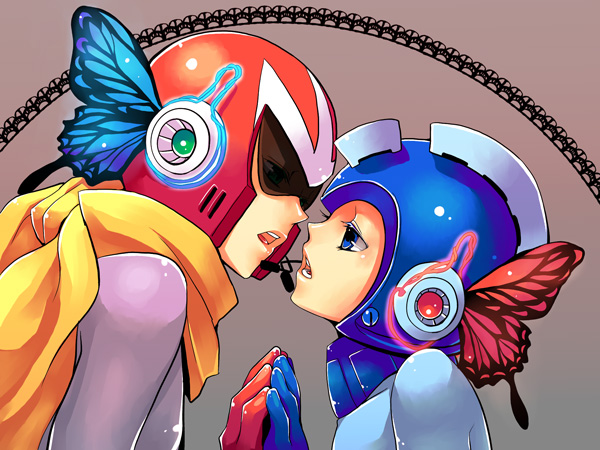 bad_id blue_eyes blues_(rockman) butterfly_wings couple eye_contact headset helmet looking_at_another magnet_(vocaloid) male microphone multiple_boys open_mouth proto_man rockman rockman_(character) rockman_(classic) scarf vocaloid wings yaoi zakki