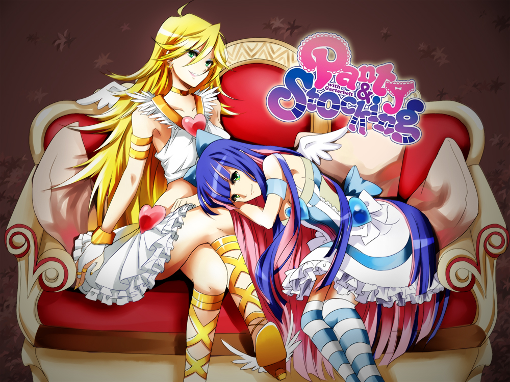 althea_(sakiya0000) angel blonde_hair couch crossed_legs green_eyes heart lap_pillow long_hair looking_at_viewer multicolored_hair multiple_girls panty_&amp;_stocking_with_garterbelt panty_(character) panty_(psg) pink_hair purple_hair sitting smile stocking_(character) stocking_(psg) striped striped_legwear thigh-highs thighhighs two-tone_hair very_long_hair wings