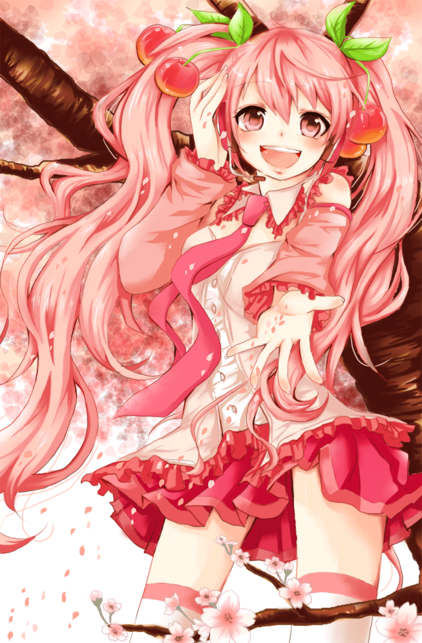 alternate_color alternate_hair_color cherry cherry_blossoms detached_sleeves food fruit hatsune_miku headset highres himawari-hibina leaf long_hair monochrome necktie object_namesake open_mouth petals pink pink_eyes pink_hair sakura_miku skirt solo spot_color thigh-highs thighhighs tree twintails vocaloid