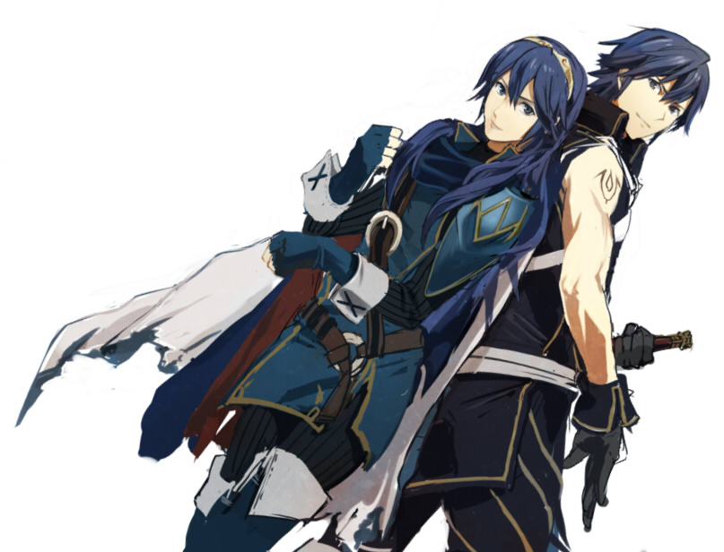 1girl armor blue_eyes blue_hair chrom_(fire_emblem) father_and_daughter fingerless_gloves fire_emblem fire_emblem:_kakusei gloves krom lucina machch spoilers sword tattoo weapon
