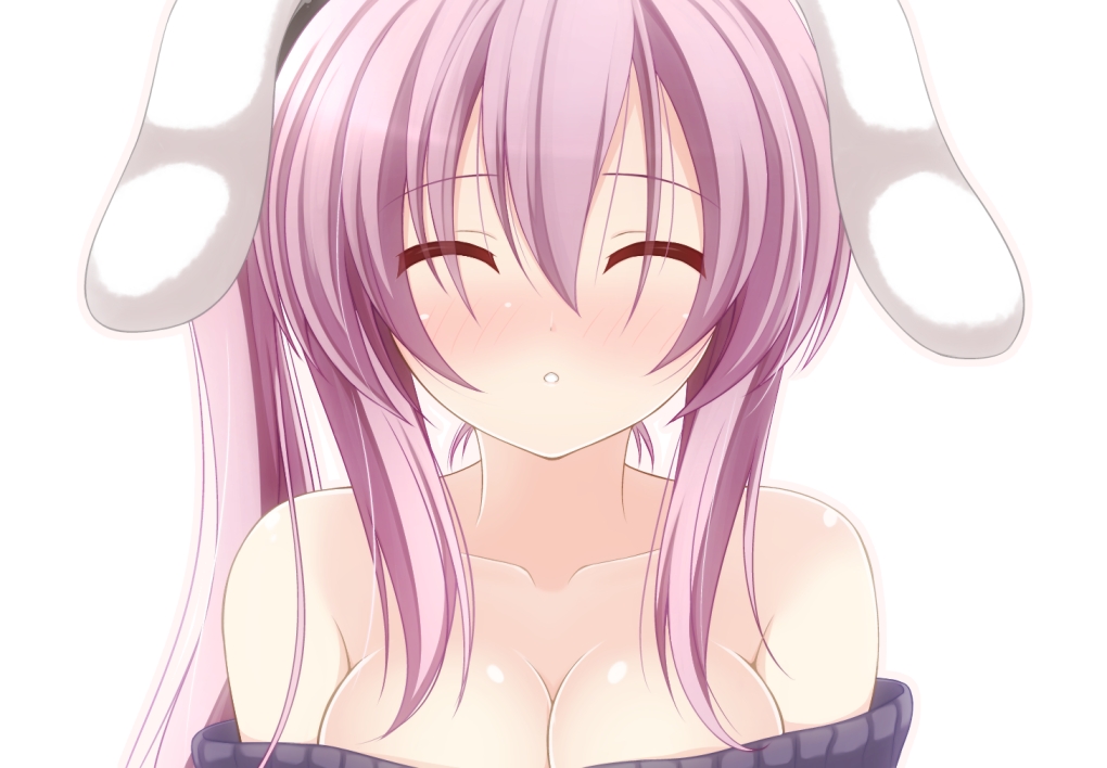 alternate_hairstyle animal_ears bare_shoulders blush breasts bunny_ears bust chimunge cleavage closed_eyes eyes_closed incoming_gift incoming_kiss large_breasts naked_sweater ponytail rabbit_ears reisen_udongein_inaba ribbed_sweater simple_background solo sweater touhou white_background