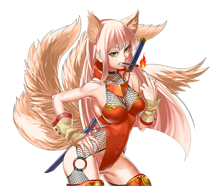 animal_ears bare_shoulders breasts cigar cigarette fire fishnets fox_ears fox_tail green_eyes hand_on_hip hips katana leotard long_hair mayumio88 middle_finger mouth_hold multiple_tails pink_hair pyrokinesis reki-dama solo sword tail weapon white_background