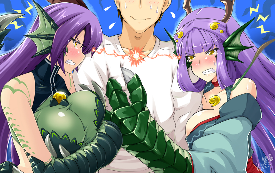 2girls arm_hug artist_name bare_shoulders blush breasts brown_hair butter-t choker claws clenched_teeth detached_sleeves dragon dragon_(monster_girl_encyclopedia) dragon_ears dragon_girl dragon_horns eastern_dragon gem hair_ornament hime_cut horns hug huge_breasts japanese_clothes large_breasts long_hair magatama monster_girl monster_girl_encyclopedia multiple_girls purple_hair rivalry ryu_(monster_girl_encyclopedia) scales shirt signature smile sweat tears western_dragon white_shirt yellow_eyes