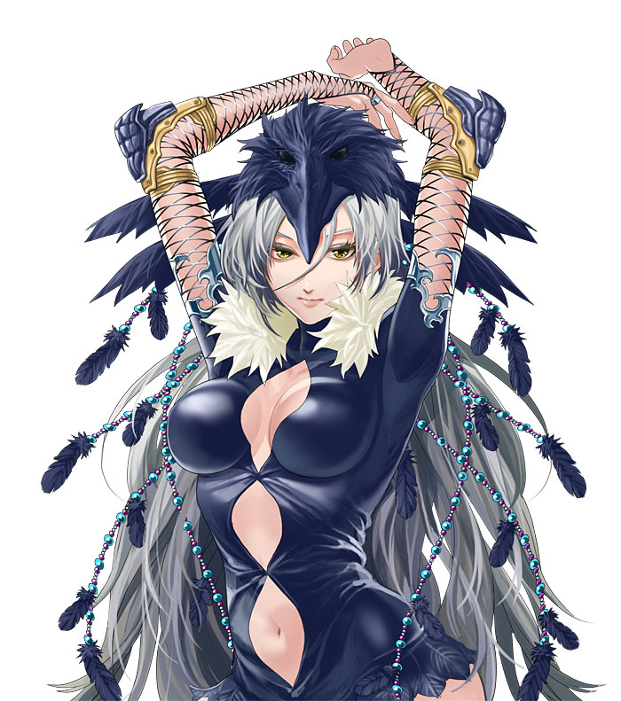 arms_up beads bird_hat breasts feathers fishnets lip lips long_hair mayumio88 navel reki-dama silver_hair solo very_long_hair white_background yellow_eyes