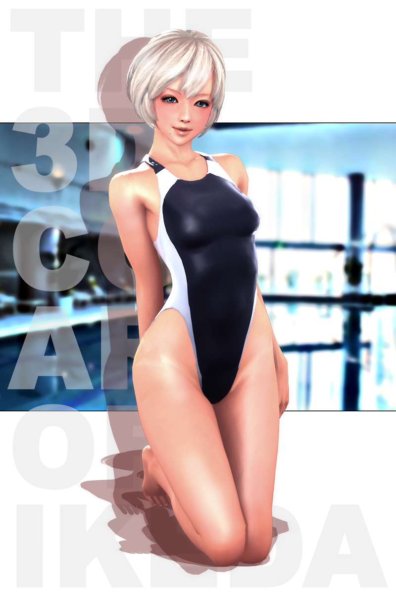 3d arm_behind_back blue_eyes breasts competition_swimsuit female highleg highleg_swimsuit highres ikeda_(hayato) kneeling lips looking_at_viewer mole one-piece_swimsuit original short_hair solo swimsuit white_hair