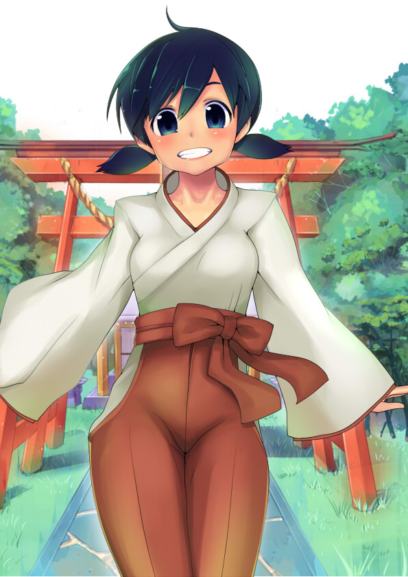 1girl ahoge azuse_neko black_hair blue_eyes character_request copyright_request japanese_clothes looking_at_viewer outdoors priestess shinto short_hair short_twintails shrine skin_tight smile solo standing teeth torii tree twintails