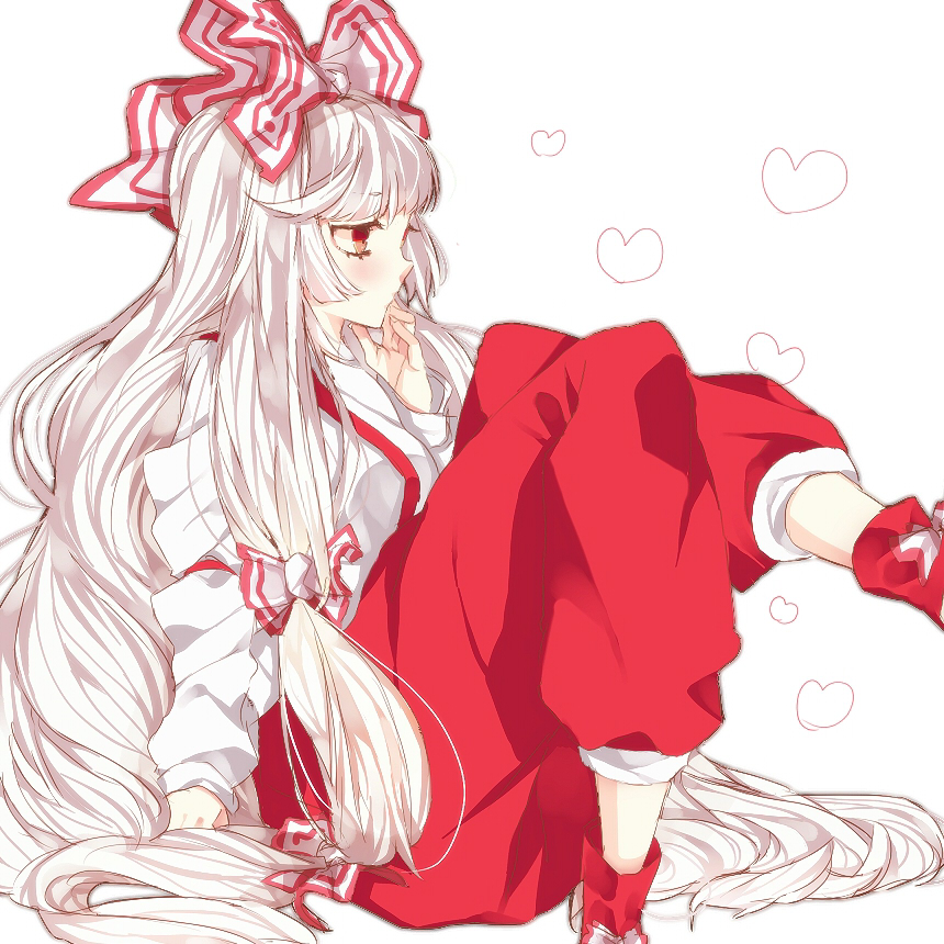 albino bad_id bow fujiwara_no_mokou hair_bow hand_on_own_face heart hisaaoki long_hair pants profile red_eyes sitting solo touhou very_long_hair white_background white_hair