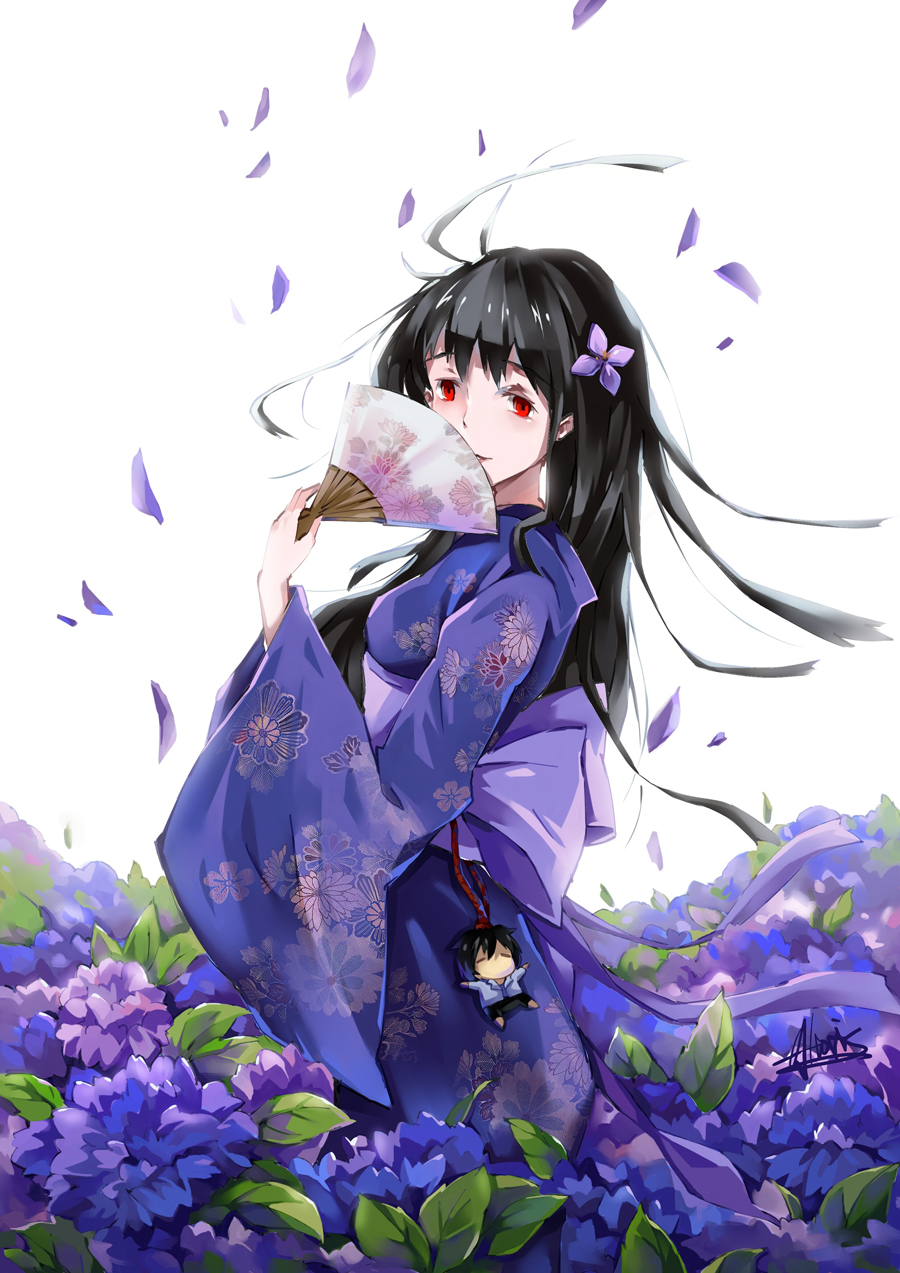 altoris_(scee) black_hair character_doll chibi fan flower furuya_chihiro hair_flower hair_ornament highres hydrangea japanese_clothes kimono long_hair obi paper_fan red_eyes sanka_rea sankarea smile solo strap yukata zombie