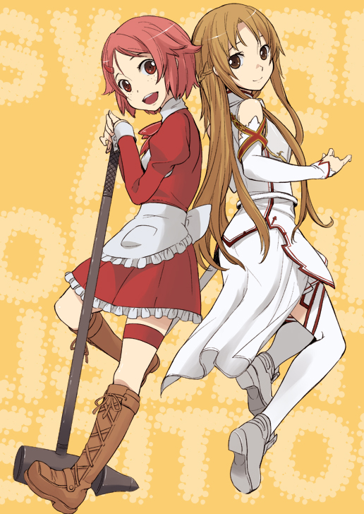 :d asuna_(sao) boots brown_eyes brown_hair detached_sleeves freckles hair_ornament hairclip hammer lisbeth long_hair looking_at_viewer multiple_girls open_mouth ponz red_eyes red_hair redhead short_hair smile sword_art_online thigh-highs thigh_strap thighhighs white_legwear yuuki_asuna