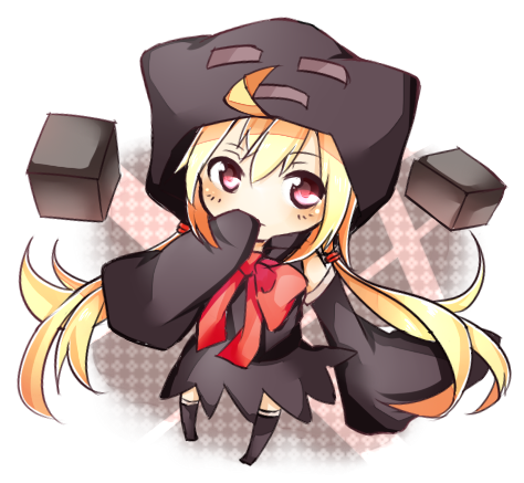 ahoge aya_usagi blonde_hair blush bow chibi detached_sleeves enderman hand_to_mouth hoodie long_hair lowres minecraft personification red_eyes ribbon smile solo tosura-ayato twintails very_long_hair