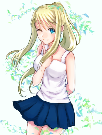 1girl ;) arm_behind_back bangs bare_arms bare_shoulders blonde_hair blue_eyes blue_skirt cowboy_shot earrings eyebrows_visible_through_hair finger_to_cheek floating_hair fullmetal_alchemist happy jewelry looking_at_viewer lowres machi_(xxx503r) one_eye_closed ponytail shirt simple_background skirt skirt_lift sleeveless sleeveless_shirt smile solo thighs upper_body white_background white_shirt winry_rockbell