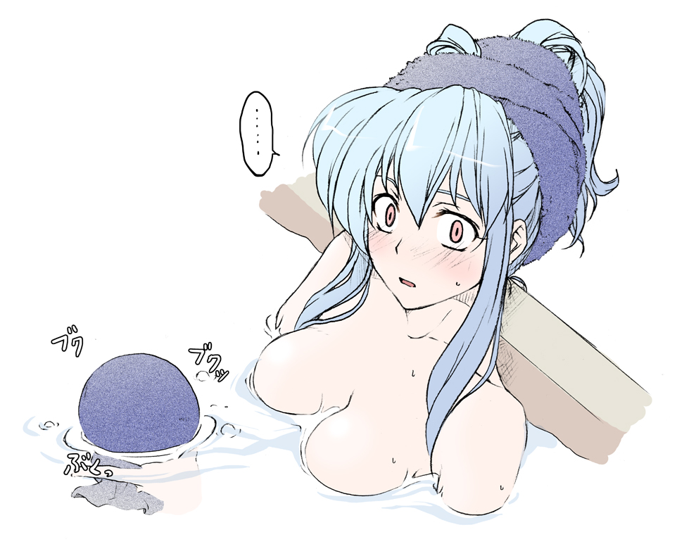 bath bathing blue_hair blush breasts floating_breasts hat hmx99_elf kamishirasawa_keine long_hair nude red_eyes solo touhou towel