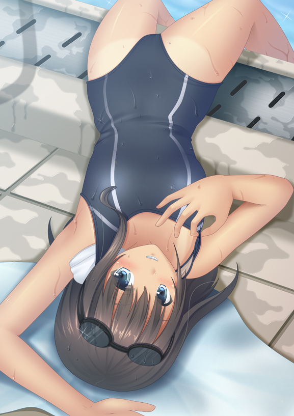 black_hair blue_eyes fuyu_urara goggles goggles_on_head lying on_back one-piece_swimsuit original parted_lips pool short_hair smile solo swimsuit tan tanline towel water