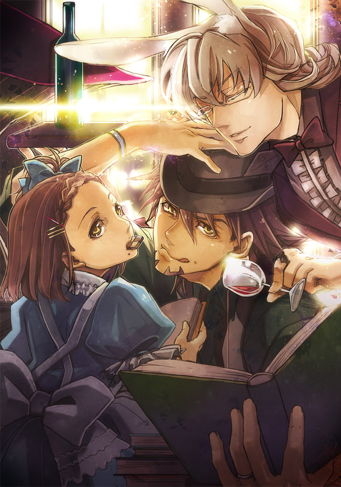 2boys age_difference alice_(wonderland) alice_(wonderland)_(cosplay) alice_in_wonderland animal_ears barnaby_brooks_jr blonde_hair book bowtie braid brown_eyes brown_hair bunny_ears cosplay dress facial_hair father_and_daughter fedora glasses hair_ornament hairclip hat kaburagi_kaede kaburagi_t_kotetsu kemonomimi_mode mad_hatter mad_hatter_(cosplay) multiple_boys ogiko puffy_sleeves rabbit_ears side_ponytail stubble tiger_&amp;_bunny white_rabbit white_rabbit_(cosplay)
