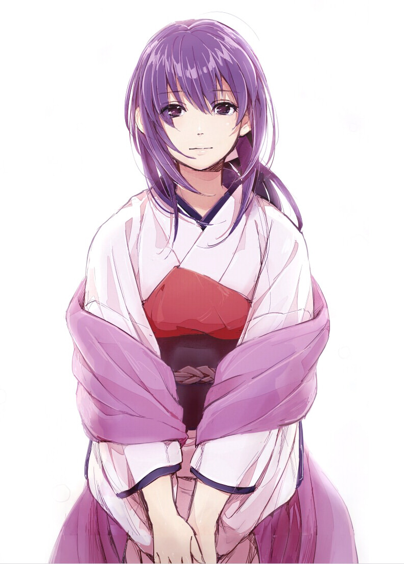 japanese_clothes kimono long_hair looking_at_viewer purple_eyes purple_hair rurouni_kenshin solo violet_eyes white_background yukishiro_tomoe yumi_(konbutamago)
