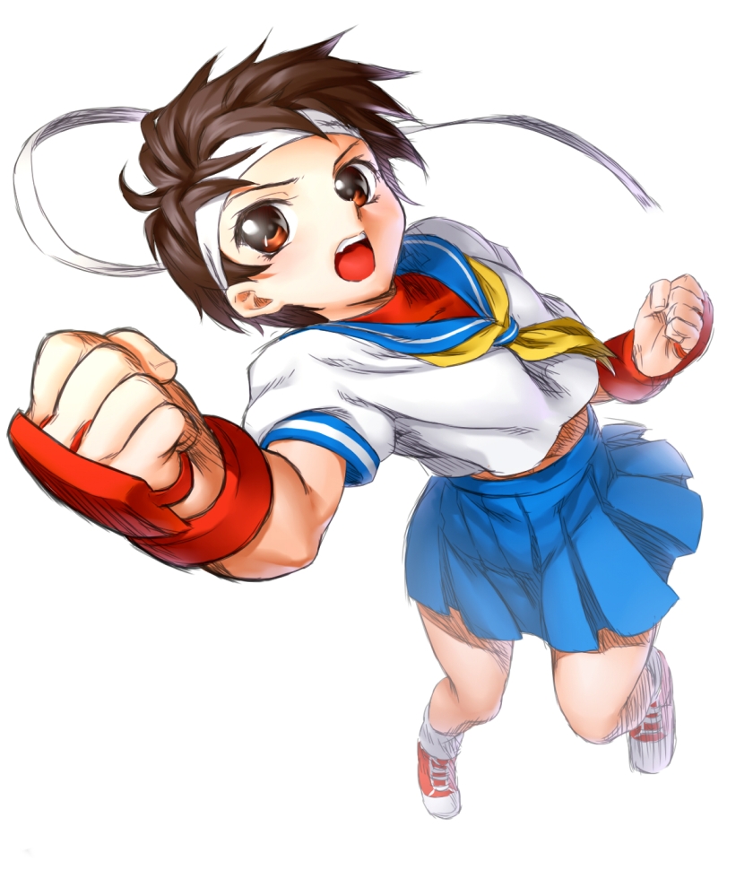 brown_eyes brown_hair capcom fingerless_gloves foreshortening gloves headband kasugano_sakura midriff neckerchief onsoku_maru open_mouth punching school_uniform serafuku shoes short_hair simple_background skirt sneakers socks solo street_fighter street_fighter_iv street_fighter_zero white_background