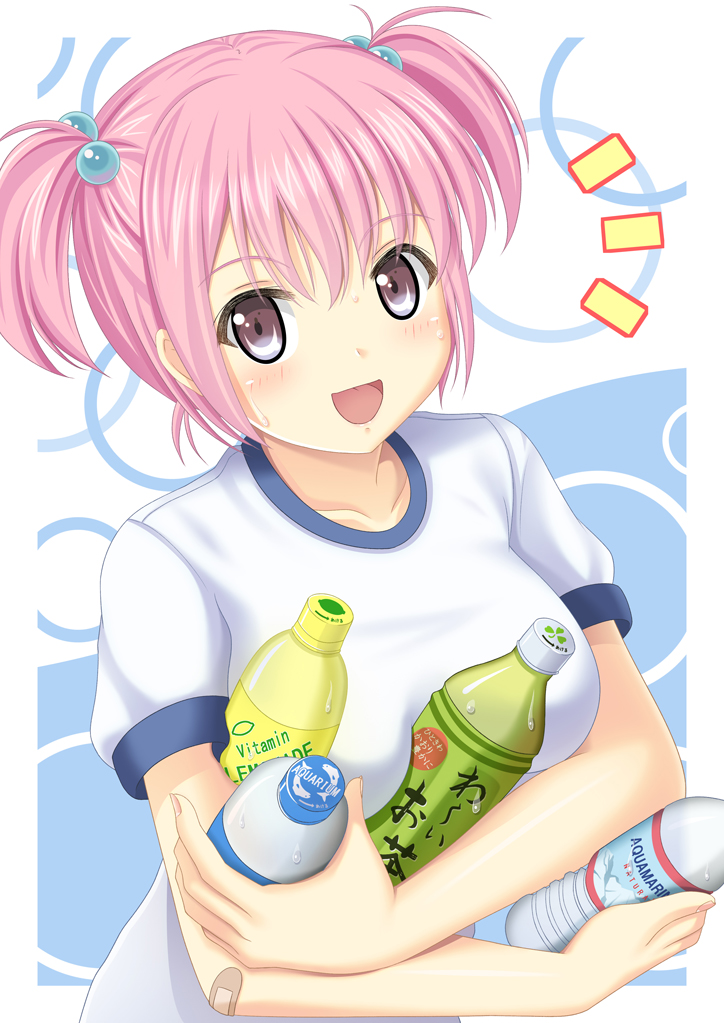 bandaid blush bottle breasts drink fuyu_urara gym_uniform hair_bobbles hair_ornament ito-en looking_at_viewer open_mouth original pink_eyes short_hair short_twintails smile solo twintails water_bottle