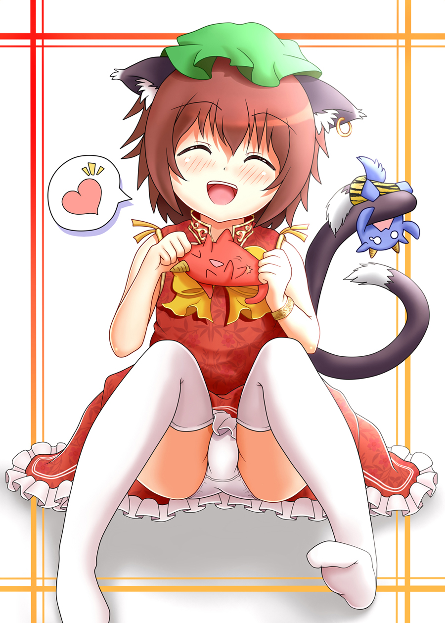 animal_ears blue_oni blush bow brown_hair cat_ears cat_tail chen closed_eyes dress eyes_closed flapping floral_print frame hat heart highres horn marimo_inu no_shoes o_o oni open_mouth panties pantyshot pantyshot_(sitting) pantyshot_sitting red_dress red_oni short_hair sitting smile solo spoken_heart tail tail_grab thigh-highs thighhighs tiger_print touhou underwear white_legwear white_panties
