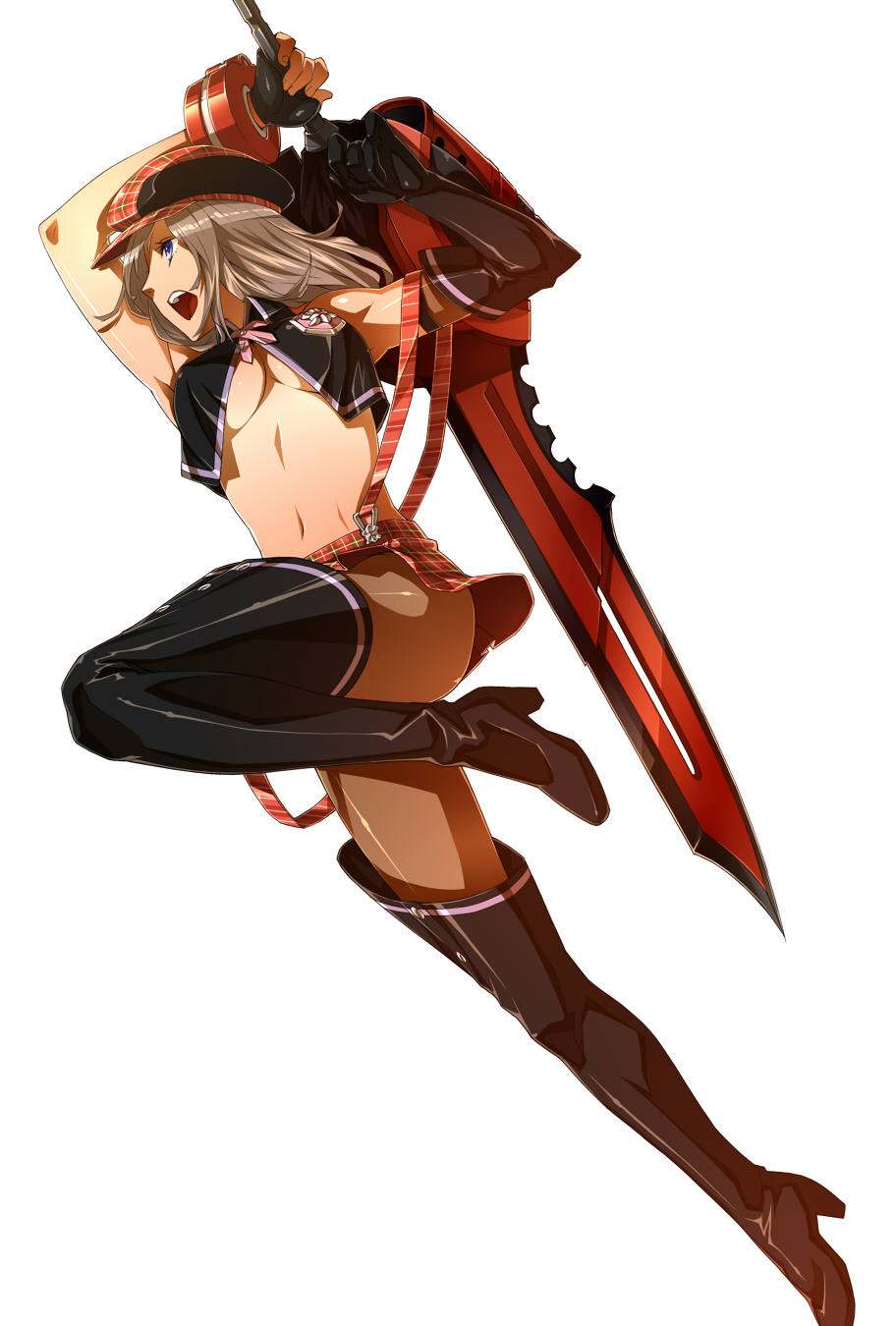 alisa_ilinichina_amiella blonde_hair boots breasts god_eater god_eater_burst highres navel pantyhose real_xxiii simple_background skirt solo sword thigh-highs thigh_boots thighhighs underboob weapon white_background