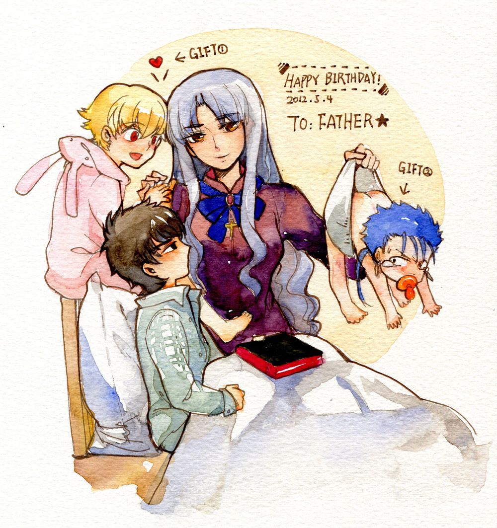 1girl 3boys age_regression animal_costume baby bed blonde_hair blue_hair brown_eyes brown_hair bunny_costume caren_hortensia caren_ortensia child child_gilgamesh cu_chulainn_(fate)_(all) diaper fate/hollow_ataraxia fate/stay_night fate_(series) gilgamesh hood kotomine_kirei lancer long_hair multiple_boys pajamas ponytail rakuko red_eyes silver_hair time_paradox traditional_media type-moon watercolor_(medium) yellow_eyes young