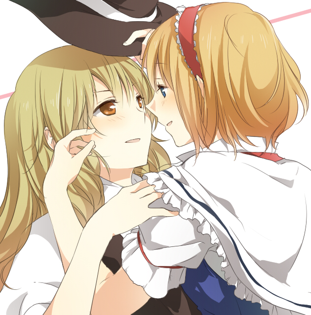 alice_margatroid bad_id black_dress blonde_hair blue_dress blue_eyes bow brown_eyes bust capelet dress eye_contact face-to-face hairband hand_in_hair hand_on_shoulder hat hat_bow hat_removed headwear_removed holding holding_hat kirisame_marisa long_hair looking_at_another monochrome multiple_girls open_mouth sao_(0060) short_hair smile touhou witch witch_hat yuri