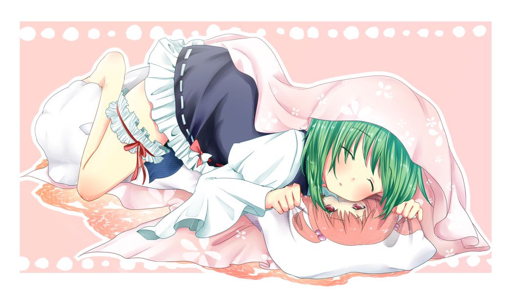 dakimakura garters green_hair onozuka_komachi ribbon shikieiki_yamaxanadu short_hair shouko_(airen) skirt sleeping solo touhou
