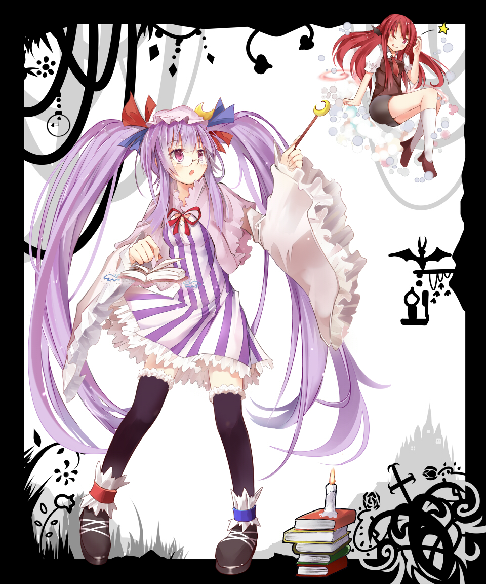 :o ;q alternate_hairstyle bespectacled black_legwear book border candle crescent dress efe glasses hat holding koakuma long_hair multiple_girls no_wings open_book patchouli_knowledge pigeon-toed purple_eyes purple_hair red_eyes red_hair redhead striped thigh-highs thighhighs tongue touhou twintails vertical_stripes very_long_hair violet_eyes wand wink