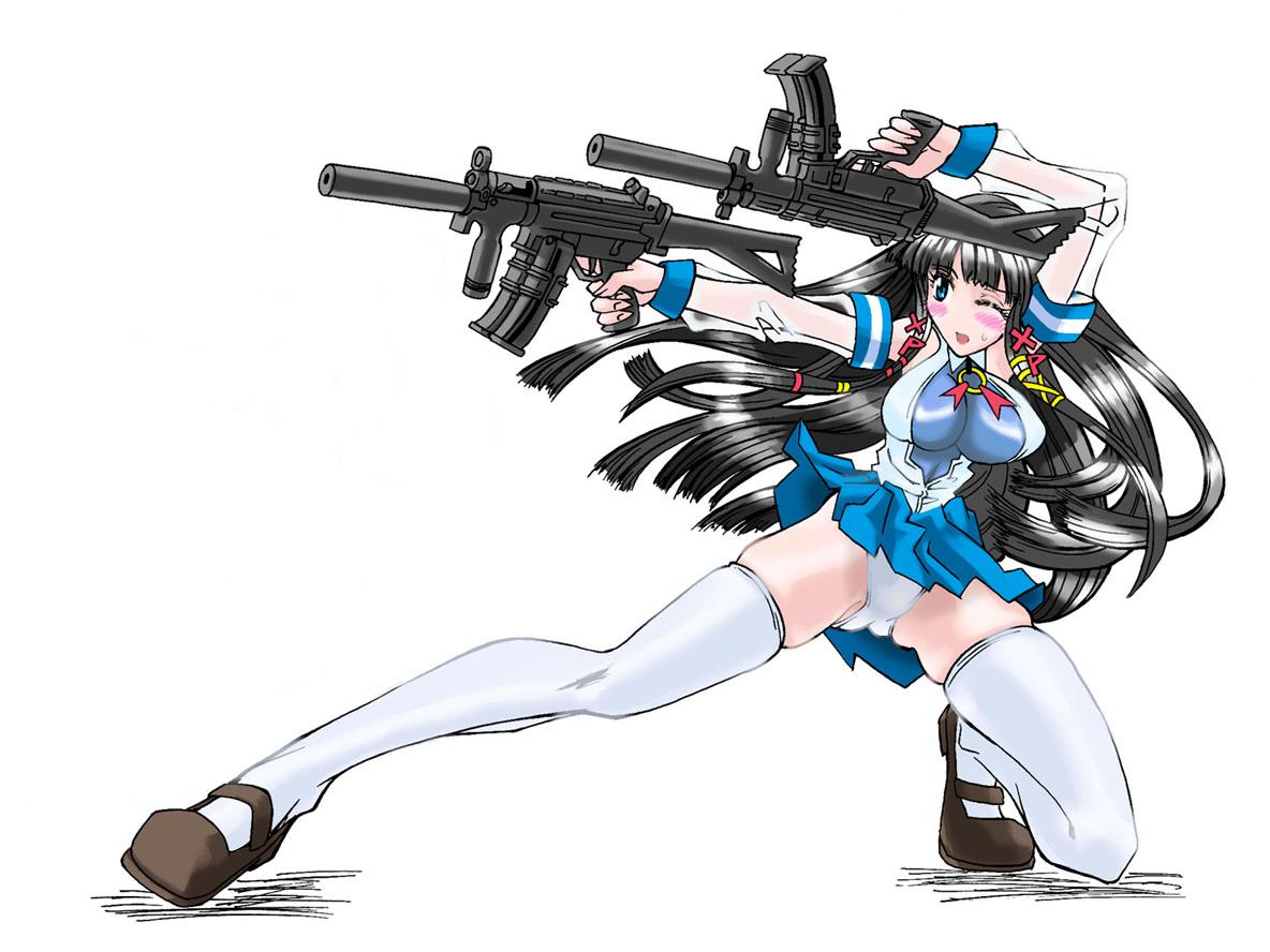 1girl black_hair blue_eyes blush breasts detached_sleeves dual_magazine dual_wielding extended_magazine gun h&amp;k_mp5 large_breasts long_hair one_knee open_mouth os os-tan panties see-through shoes skindentation submachine_gun suppressor thigh-highs thighhighs trigger_discipline underwear vertical_foregrip weapon wink xp xp-tan