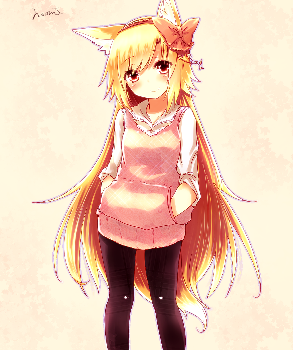 akane_(naomi) animal_ears black_legwear blonde_hair blush bow fox_ears hair_bow hands_in_pockets highres long_hair looking_at_viewer naomi_(sekai_no_hate_no_kissaten) original pantyhose red_eyes smile solo very_long_hair