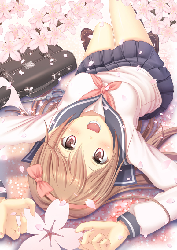arms_up bag blush brown_eyes brown_hair cherry_blossoms fuyu_urara hairband long_hair looking_at_viewer on_back open_mouth original school_bag school_uniform skirt smile solo upside-down