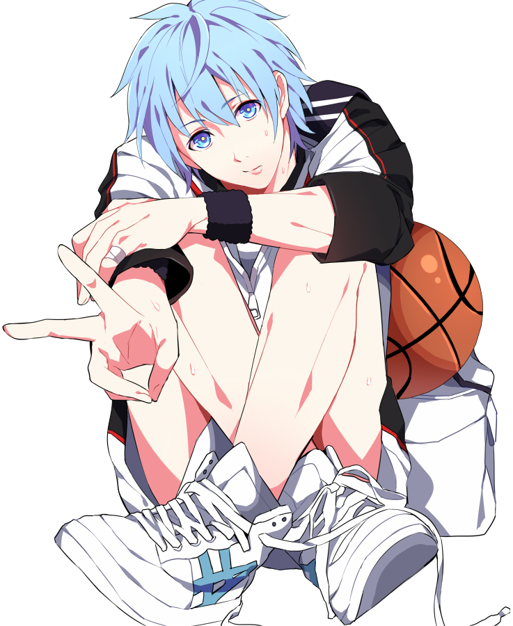 bad_id basketball blue_eyes blue_hair kuroko_no_basket kuroko_no_basuke kuroko_tetsuya male sitting solo v yuna_(rutera) Ã©Â»â€˜Ã¥Â­ÂÃ§Å¡â€žÃ§Â¯Â®Ã§ÂÆ’