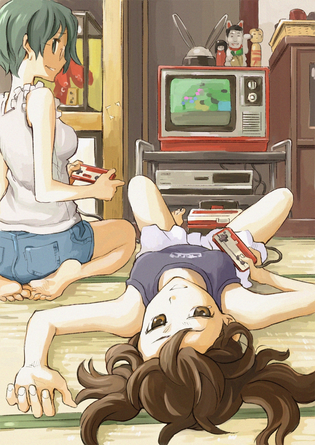 barefoot brown_eyes brown_hair controller famicom feet game_controller glasses green_eyes green_hair highres kokeshi long_hair looking_at_viewer lying multiple_girls nes nintendo on_back original playing_games short_hair shorts sitting skirt smile soles television upside-down video_game yaman