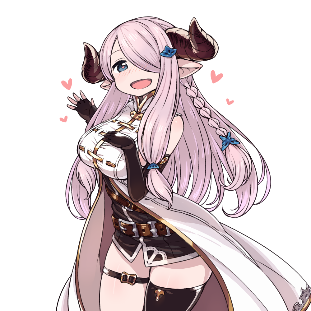 1girl :d asymmetric_gloves belt black_gloves black_legwear blue_eyes braid breasts buckle butterfly_hair_ornament chan_co cowboy_shot demon_horns fingerless_gloves gloves granblue_fantasy hair_ornament hair_over_one_eye hairclip hand_on_own_chest heart horns large_breasts lavender_hair long_hair looking_at_viewer narumeia_(granblue_fantasy) one_eye_covered open_mouth pointy_ears purple_hair single_braid single_thighhigh sleeveless smile solo thigh-highs thigh_strap waving white_background