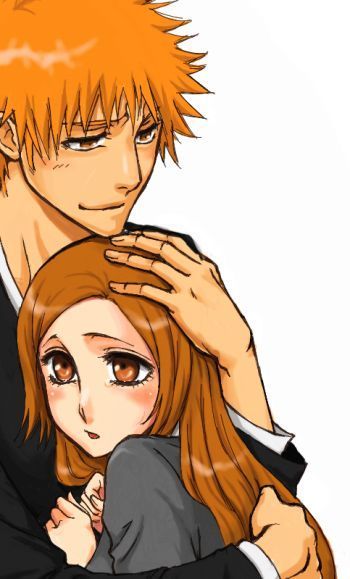 bleach couple hug inoue_orihime kurosaki_ichigo long_hair orange_hair spiky_hair
