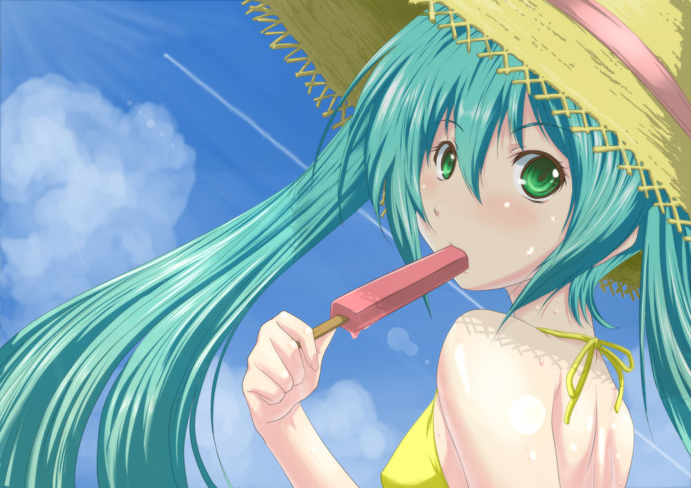 aqua_hair cloud clouds condensation_trail green_eyes hat hatsune_miku long_hair looking_at_viewer looking_back neno_(mono) popsicle sky solo straw_hat sun_hat twintails vocaloid