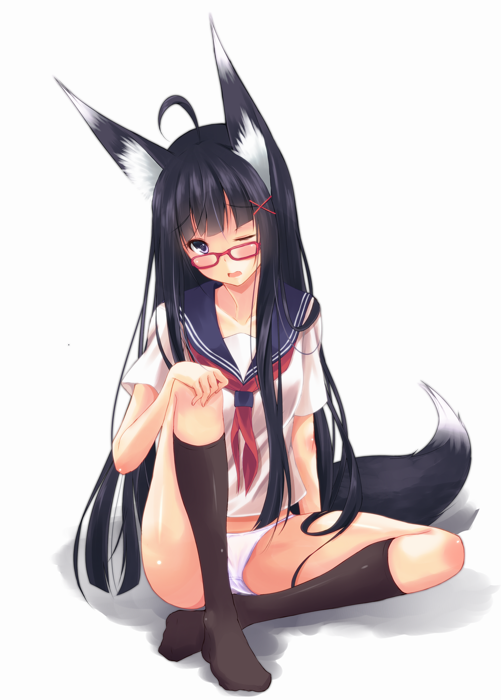 ahoge animal_ears black_hair black_legwear blush fox_ears fox_tail glasses hair_ornament highres kneehighs long_hair no_shoes original panties purple_eyes red-framed_glasses school_uniform second_heaven sitting solo tail underwear violet_eyes white_panties wink