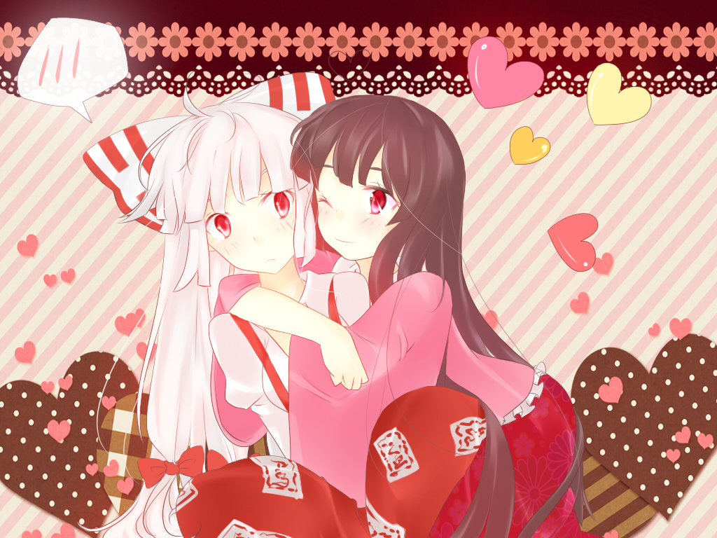 ajiriko black_hair bow fujiwara_no_mokou hair_bow hair_ribbon heart hime_cut houraisan_kaguya hug long_hair lounadellasera multiple_girls pants red_eyes ribbon suspenders touhou white_hair wink yuri