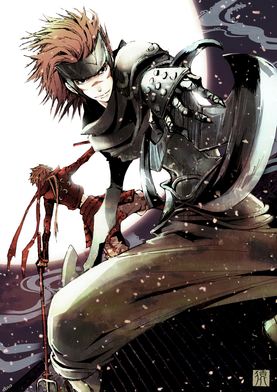 anoringo boots brown_hair dual_wielding headband highres male multiple_boys pants polearm red_hair redhead samurai sanada_yukimura sanada_yukimura_(sengoku_basara) sarutobi_sasuke sengoku_basara trident weapon