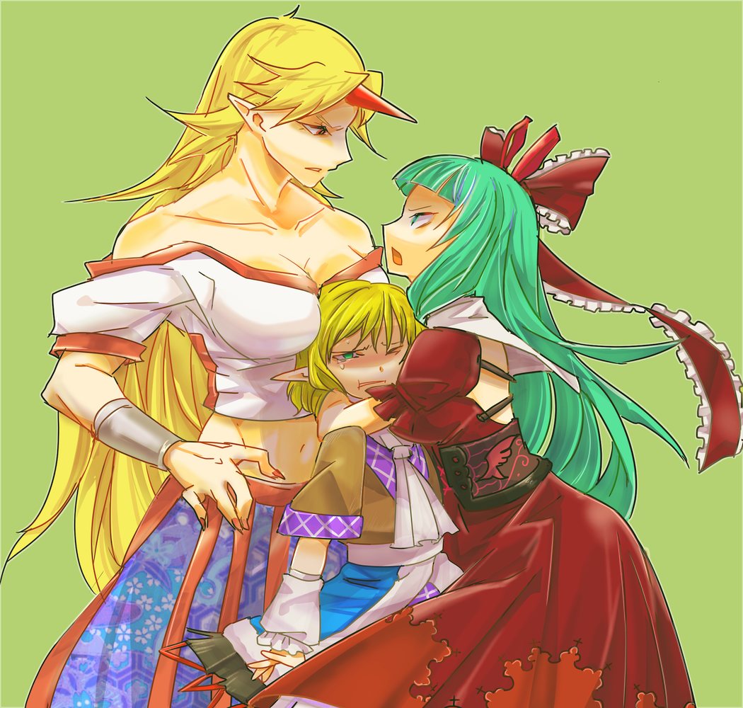 adapted_costume arm_warmers bare_shoulders between_breasts blonde_hair bow bracelet breast_smother breasts confrontation dress fingernails front_ponytail girl_sandwich green_background green_eyes green_hair hair_bow hair_ornament hair_ribbon head_hug horn hoshiguma_yuugi hug jewelry kagiyama_hina long_hair looking_at_another midriff mizuhashi_parsee multiple_girls navel open_mouth pointy_ears red_dress red_eyes ribbon scarf sharp_fingernails short_hair simple_background sisenshyo skirt tears touhou