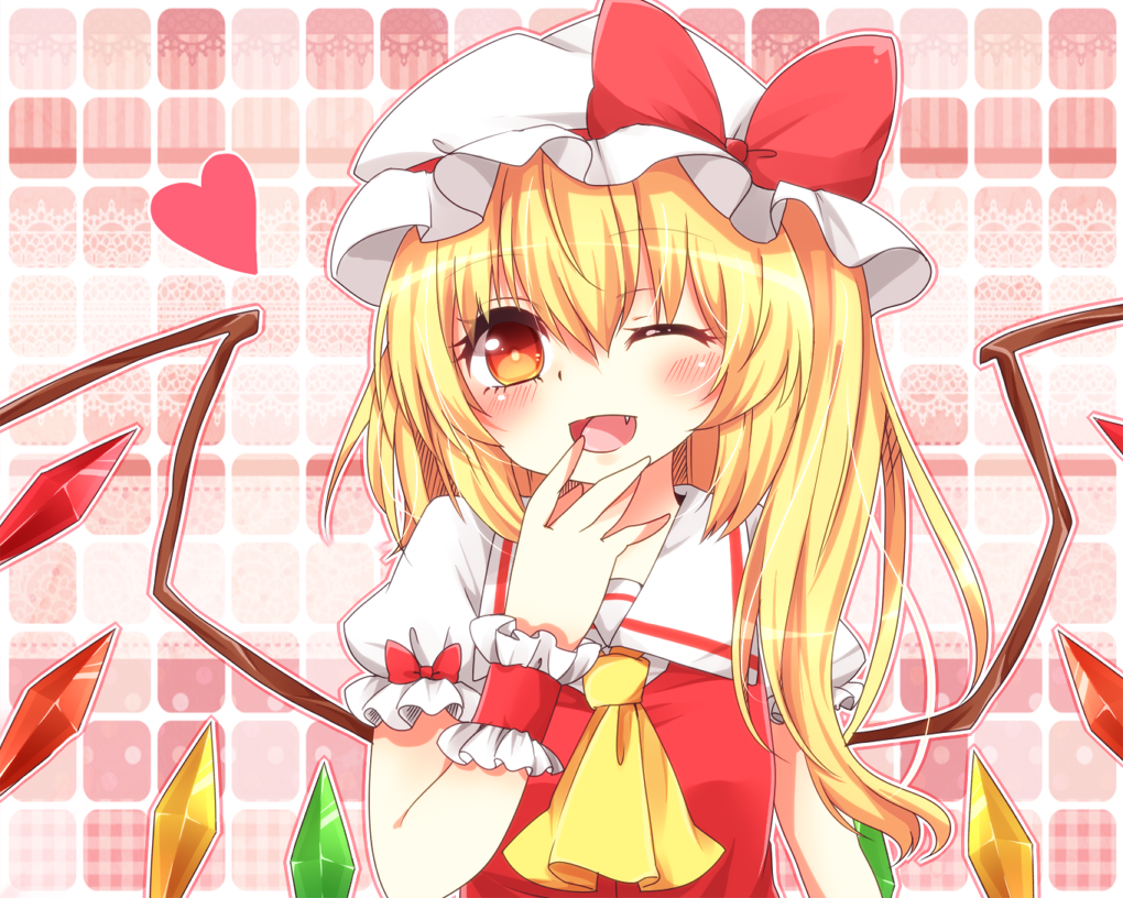 ;d ascot blonde_hair blush flandre_scarlet hat laughing long_hair looking_at_viewer open_mouth red_eyes short_hair side_ponytail smile solo touhou wings wink wrist_cuffs yuria_(kittyluv)